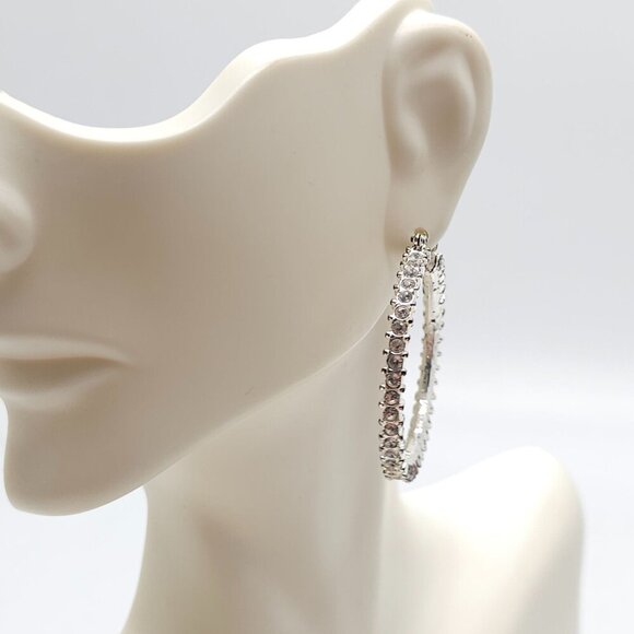 Silver Tone Clear Rhinestone Hoop Bling Earrings 1.75 Inches Vintage - Picture 1 of 5
